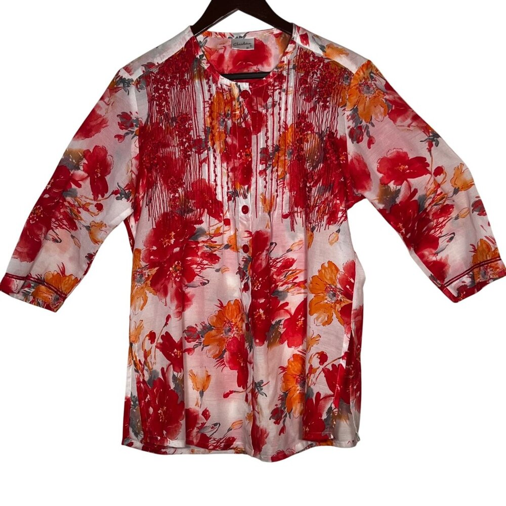 Christina M Floral Button-Up Tunic Embroidered Pin-Tuck 3/4 Sleeves Red & Orange